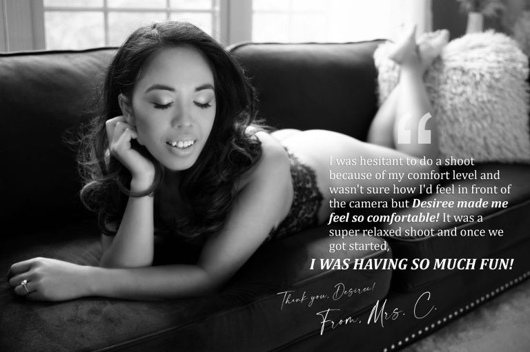 black and white boudoir photo with a client testimonial