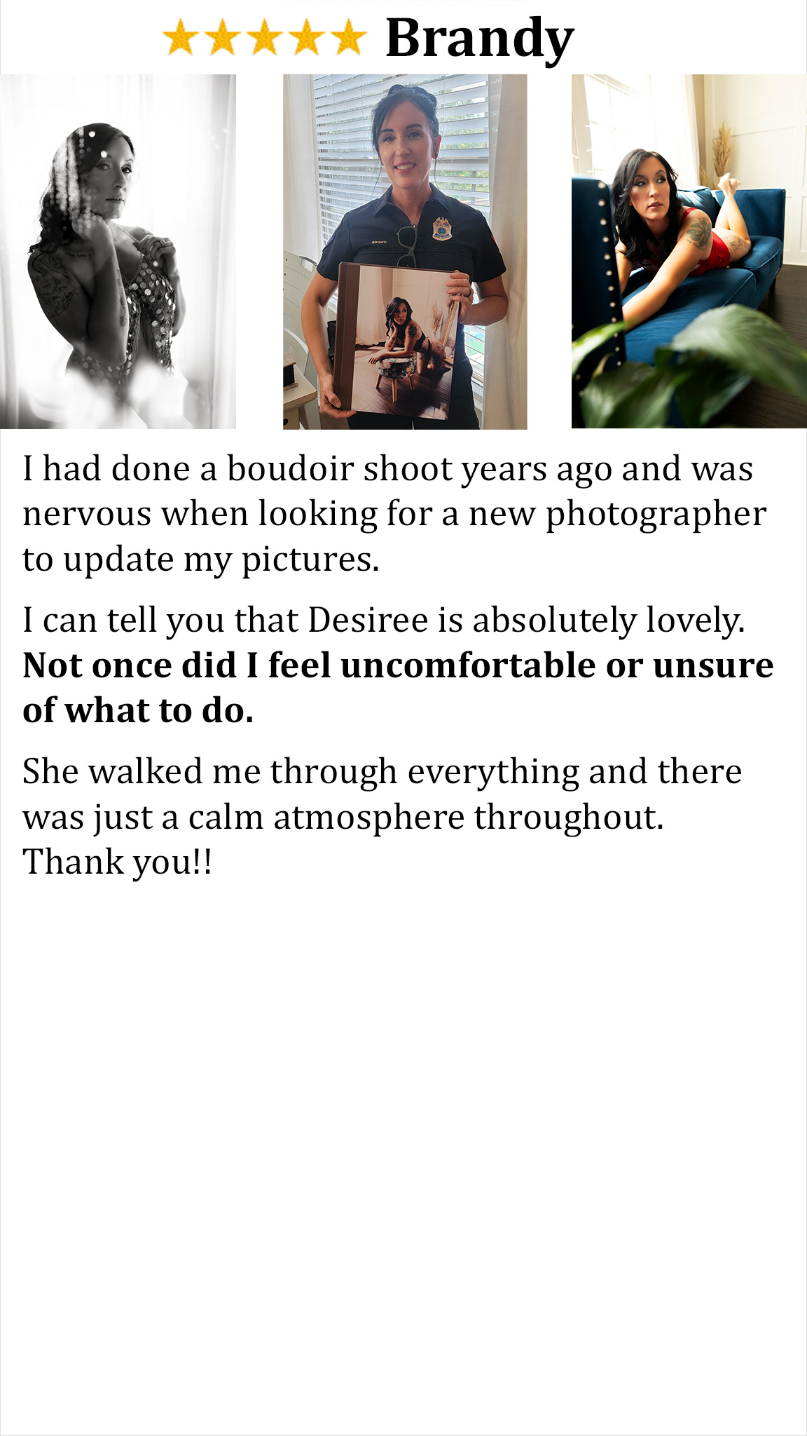 wildflowers boudoir photographer chattanooga tn client testimonial on her experience. Photos of her holding her album and from her session along with her review