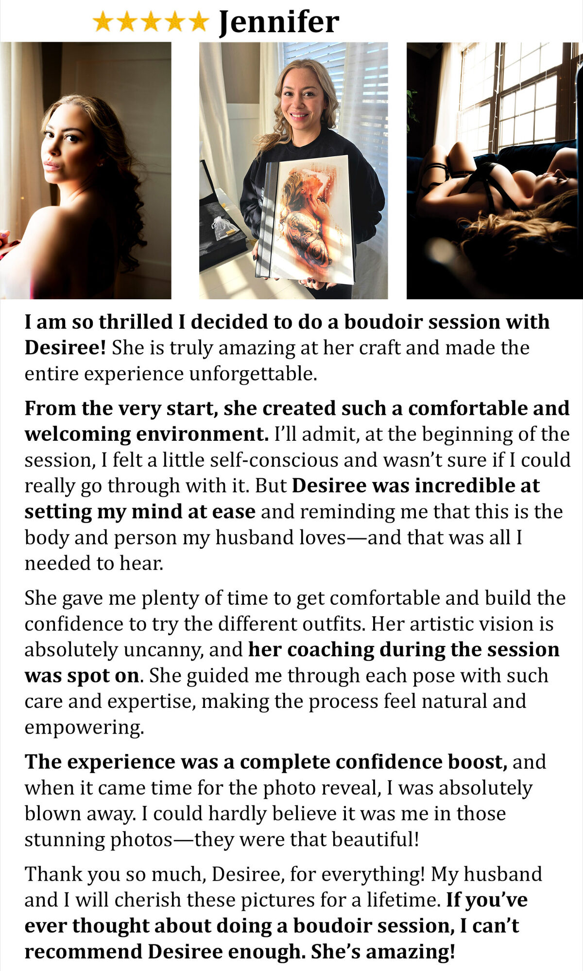 wildflowers boudoir photographer chattanooga tn client testimonial on her experience. Photos of her holding her album and from her session along with her review