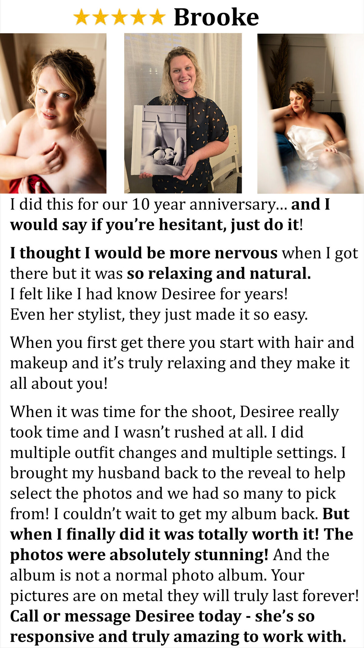 wildflowers boudoir photographer chattanooga tn client testimonial on her experience. Photos of her holding her album and from her session along with her review